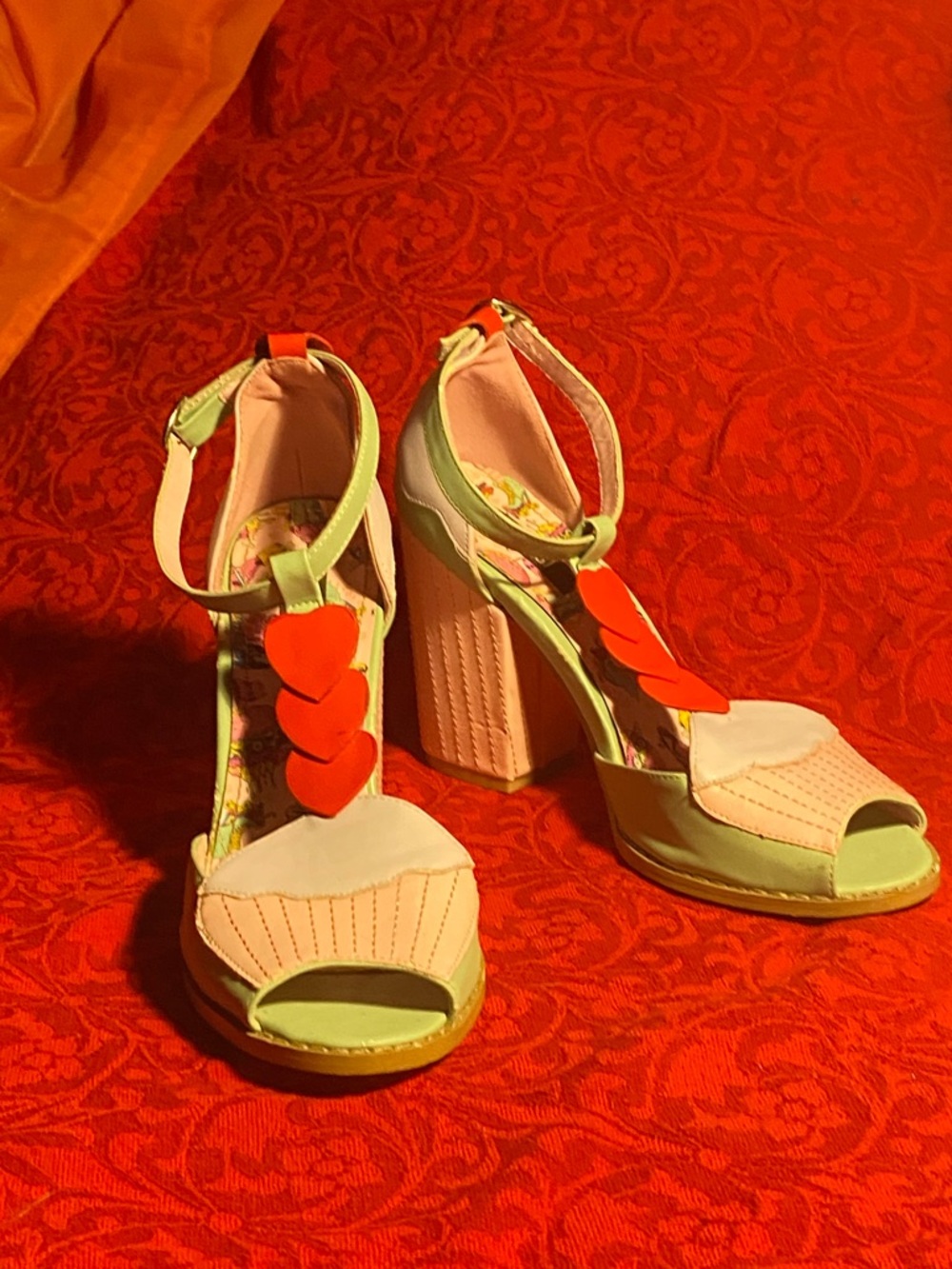 Iron Fist T-strap high heel sandals,pastel shades,cupcake details,red hearts,7